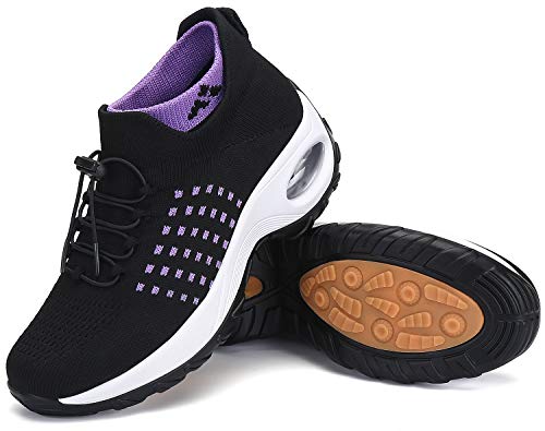 Zapatillas Deporte Mujer Zapatos para Andar Transpirable Mesh Bambas Correr Caminar Calzado Trabajo Morado-Negro, Gr.37 EU