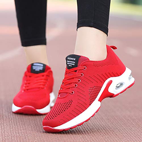 Zapatillas Deportivas de Mujer Air Cordones Zapatillas de Running Fitness Sneakers 4cm Rojo-1 36