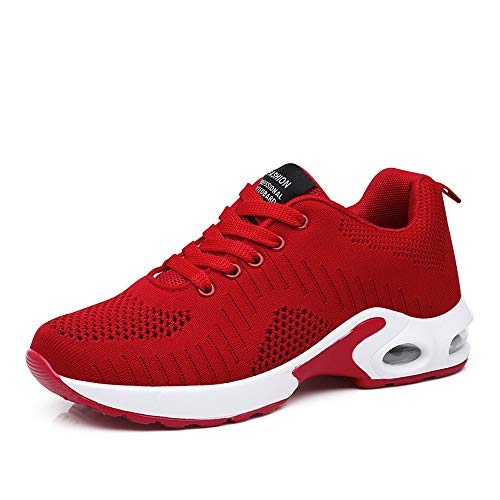 Zapatillas Deportivas de Mujer Air Cordones Zapatillas de Running Fitness Sneakers 4cm Rojo-1 36