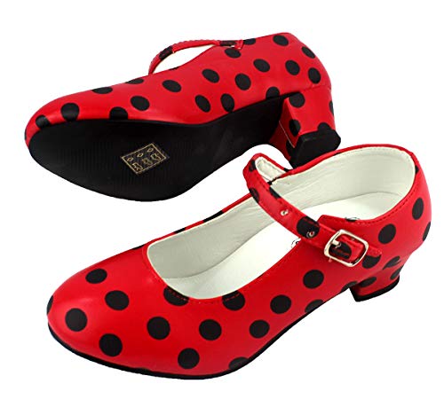 Zapato Flamenco， Calzado de Danza Baile Sevillanas para Niña Mujer， Rojo Lunares Negros (37, Rojo)