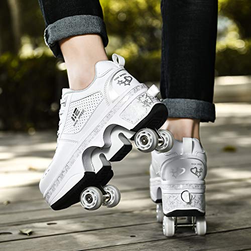 Zapatos de patada de patinaje, Deformación de caminatas, Zapatillas de correr al aire libre con rueda para adultos y niños (blanco, EUR36)