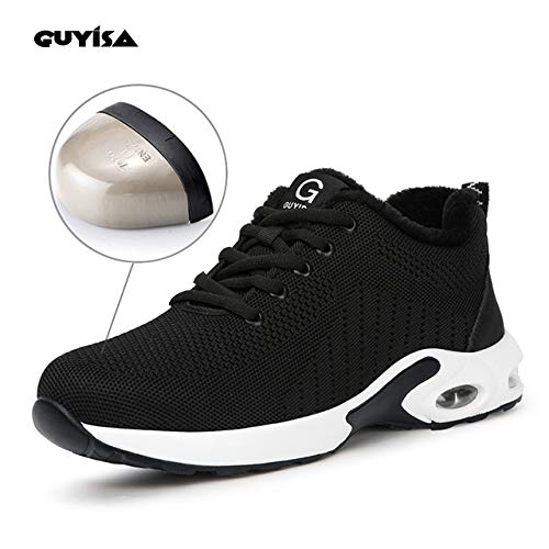 Zapatos de Seguridad de Invierno con Terciopelo Hombres Cómodo Zapatillas de Trabajo con Punta de Acero Ultra Liviano (Negro Blanco con Terciopelo, 41)