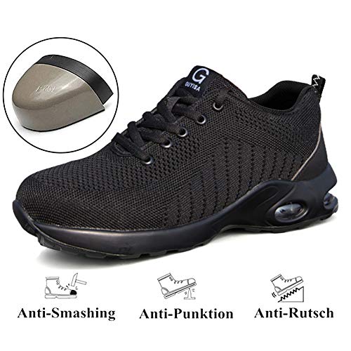 Zapatos de Seguridad Hombres Cómodo Zapatos de Trabajo Zapatillas con Punta de Acero Ultra Liviano(cojin Negro, 39)