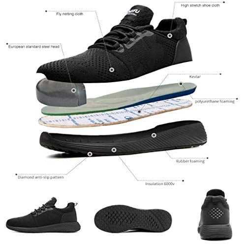 Zapatos de Seguridad para Hombre Trabajo con Punta de Acero, Zapatillas Deportivas al Aire Libre Moda Resistentes Deslizamiento Ligeras y Transpirables Suela Blanda Negro Yvelands(45)