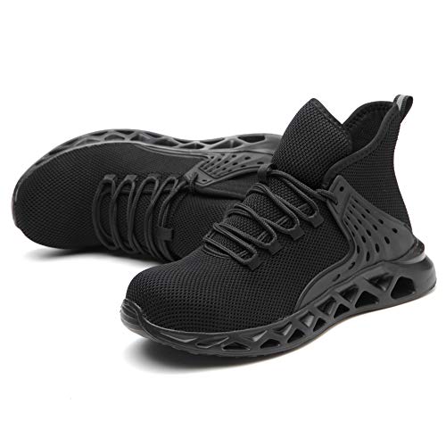 Zapatos de seguridad para hombres con puntera de acero, zapatillas de trabajo, ligeras, antideslizantes, protección industrial, color Negro, talla 39 EU