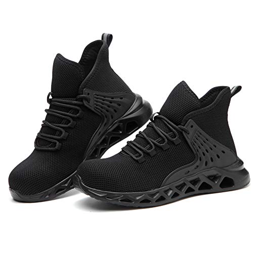 Zapatos de seguridad para hombres con puntera de acero, zapatillas de trabajo, ligeras, antideslizantes, protección industrial, color Negro, talla 39 EU