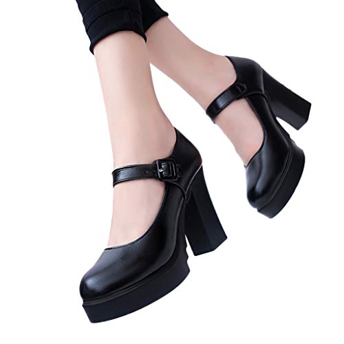 Zapatos de Tacón Alto Ancho Plataforma para Mujer Invierno Primavera 2019 PAOLIAN Zapatos Tacón Grueso Cuña Fiesta Elegantes Vestir Calzado de Trabajo de Piel Cuña Negros con Hebilla