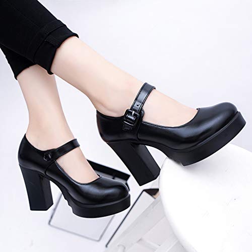 Zapatos de Tacón Alto Ancho Plataforma para Mujer Invierno Primavera 2019 PAOLIAN Zapatos Tacón Grueso Cuña Fiesta Elegantes Vestir Calzado de Trabajo de Piel Cuña Negros con Hebilla