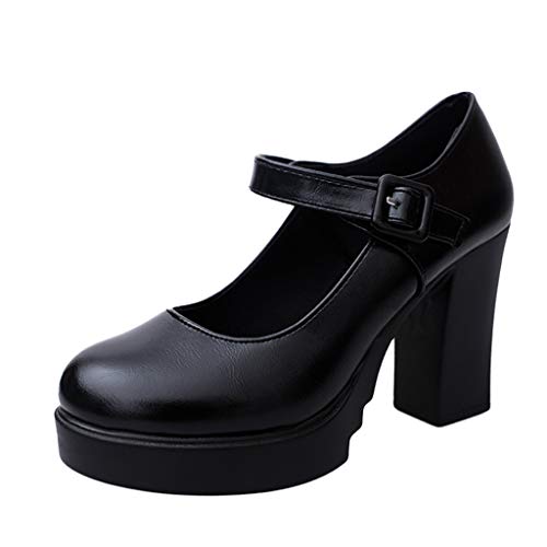 Zapatos de Tacón Alto Ancho Plataforma para Mujer Invierno Primavera 2019 PAOLIAN Zapatos Tacón Grueso Cuña Fiesta Elegantes Vestir Calzado de Trabajo de Piel Cuña Negros con Hebilla