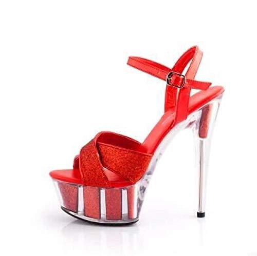 Zapatos de tacón Alto para Mujer, Discoteca, Zapatos de tacón Alto, Sandalias, Zapatos de Mujer, Plataforma de Cristal de Pole Dance, Plataforma Impermeable, Rojo_39