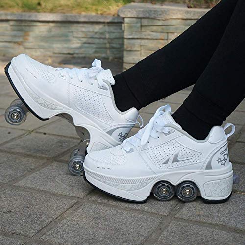 Zapatos Multiusos 2 En 1 Botas De De 4 Ruedas con Ruedas Ajustables Automática Calzado De Skateboarding Deportes De Exterior Patines En Línea,38