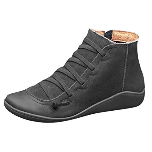 Zapatos Piel de Suela Blanda Mujer, Botas con Cordones de Cabeza Redonda con Cremallera Botines Casual Comodos Senderismo Viaje Liquidación Rebajas Yvelands(Negro,38)