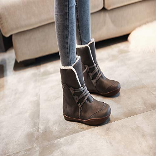 ZBYY Botas de cuero para mujer con soporte para el arco y cordones de piel cálida con línea de tobillo cómodos zapatos al aire libre antideslizantes botas planas - gris - 40