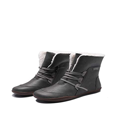 ZBYY Botas de cuero para mujer con soporte para el arco y cordones de piel cálida con línea de tobillo cómodos zapatos al aire libre antideslizantes botas planas - gris - 40