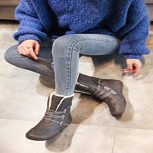 ZBYY Botas de cuero para mujer con soporte para el arco y cordones de piel cálida con línea de tobillo cómodos zapatos al aire libre antideslizantes botas planas - gris - 40