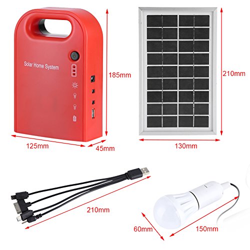 Zerodis Kit de iluminación de energía Solar, 12V portátil hogar iluminación Exterior DC Paneles solares Sistema de generación de energía de Carga con 4 en 1 Cable de Carga USB y Blanco LED Bombilla