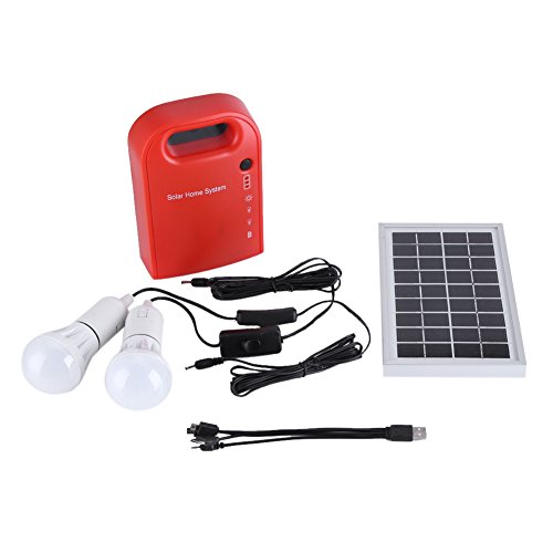 Zerodis Kit de iluminación de energía Solar, 12V portátil hogar iluminación Exterior DC Paneles solares Sistema de generación de energía de Carga con 4 en 1 Cable de Carga USB y Blanco LED Bombilla