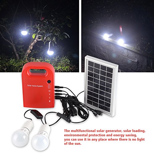 Zerodis Kit de iluminación de energía Solar, 12V portátil hogar iluminación Exterior DC Paneles solares Sistema de generación de energía de Carga con 4 en 1 Cable de Carga USB y Blanco LED Bombilla