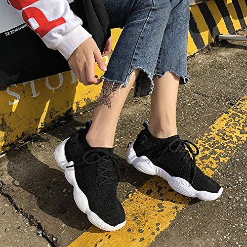 ZGYQGOO Zapatillas de Deporte Mujer Malla con Cordones Plataforma Plana sólida Tejido elástico Superficial Tejido Primavera Otoño Cuñas Zapatos para Mujeres