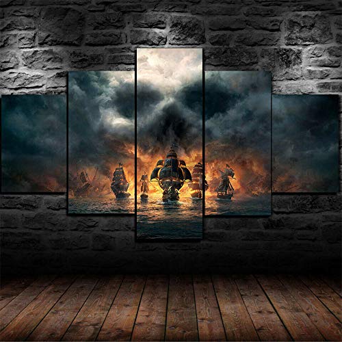 ZHANGGONG 5 Panel Impresiones sobre Lienzo Imprimir Pintura Arte De La Pared Imagen Modular Canvas Poster Decoración del Hogar Barco Mar Calavera Mural Marco/150X80CM