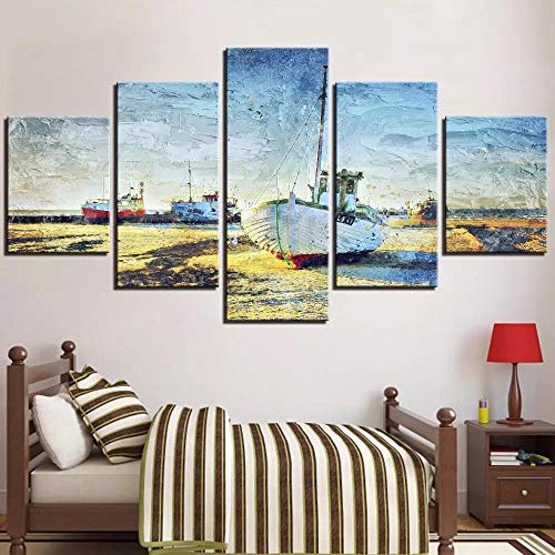 ZHANGGONG Cuadro en Lienzo 5 Pieza impresión Lienzo artística Pintura Diseño Cuadro Moderno Pared gráfica Dormitorio,Baño,Comedor Fotos De Mar Y Barco Mural Marco/150X80CM