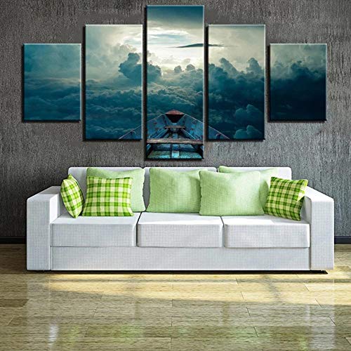 ZHANGGONG Cuadro sobre Lienzo - 5 Piezas - Impresión en Lienzo - Listo para Colgar - en un Marco -Dormitorio,Baño,Comedor Barco En El Mar De Nubes Mural Marco/150X80CM