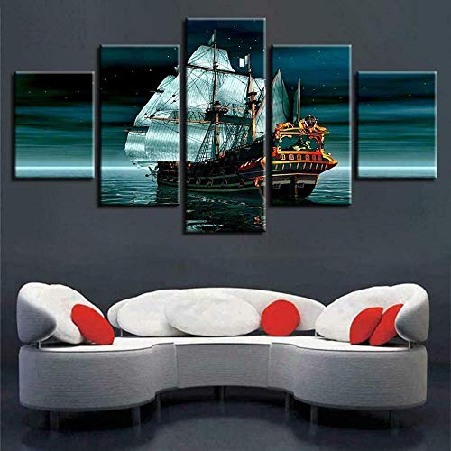 ZHANGGONG Impresiones sobre Lienzo 5 Panel Lienzo Pared Modernos Cartel Decoración para El Hogar De Pared Decoración Regalo Aventura En El Mar En Barco Pirata Mural Marco/150X80CM