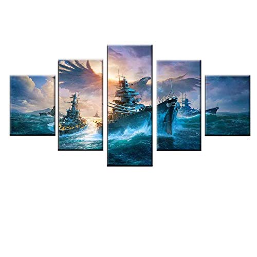 ZHANGGONG Impresiones sobre Lienzo 5 Panel Lienzo Pared Modernos Cartel Decoración para El Hogar De Pared Decoración Regalo Barco De Mar Y Águila Navidad Cuadro/100X55CM