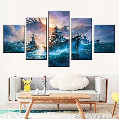 ZHANGGONG Impresiones sobre Lienzo 5 Panel Lienzo Pared Modernos Cartel Decoración para El Hogar De Pared para Decoración Regalo Barco De Mar Y Águila En La Imagen del Cielo Navidad Cuadro/100X55CM