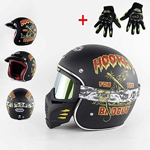 ZHXH Open Vintage Harley Motorcycle Jet Helmet Dot Certification Light Hombres y mujeres Temporadas para adultos 3/4 Máscara Gafas Casco + Guantes