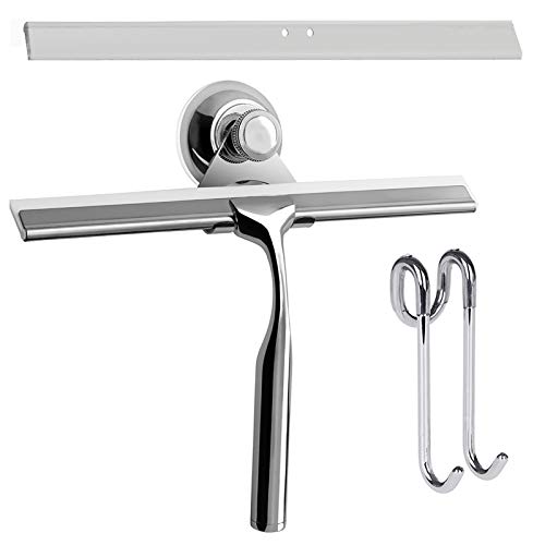 Zindoo Limpiacristales Ducha baño y Ducha Borrador Acero Inoxidable Limpiacristales con Colgador de Pared Baño Borrador +1 Cuchilla de Silicona de Repuesto + 1 Gancho 25x17 cm (LxW)