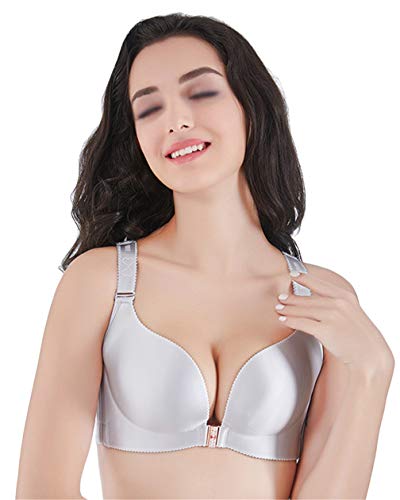 ZIXING BRA Sujetador Clásico Cierre Delantero para Mujer Ropa Interior Elasticidad Belleza de Vuelta Cómodo Transpirable,Gris,42/95A