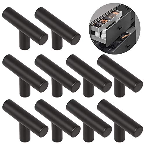 Ziyero 10 Piezas T Tirador de Cocina de Aleación Cepillado Tirador Barra con Orificio para Puerta Estilo Nórdico Durable, para Cajones, Armarios, Zapateros, Aparadores, Mesitas Noche Etc—Arena Negra