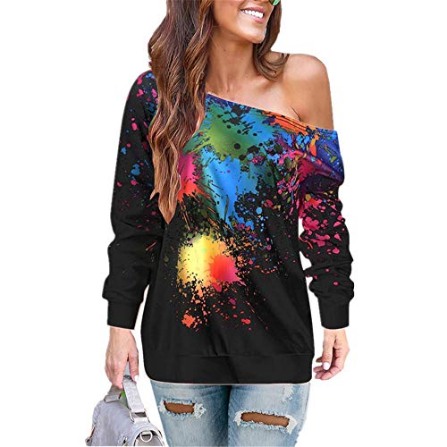 ZKDY Suéter Otoño/Invierno Hombro Oblicuo Pintura En Aerosol Impresión Camiseta De Mujer-Negro_XXL