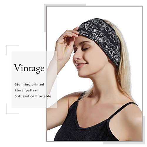 Zoestar Pañuelos anchos boho para la cabeza, con estampado elegante, para yoga, correr, turbante elástico para el pelo para mujeres (paquete de 3) (Black)