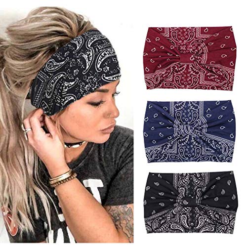 Zoestar Pañuelos anchos boho para la cabeza, con estampado elegante, para yoga, correr, turbante elástico para el pelo para mujeres (paquete de 3) (Black)