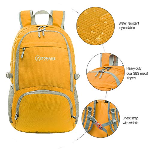 ZOMAKE 30L Ligera Mochila Plegable de Senderismo Excursión Deportes, Mochilas Pequeña Impermeable para Mujer Hombre Viaje(Amarillo)