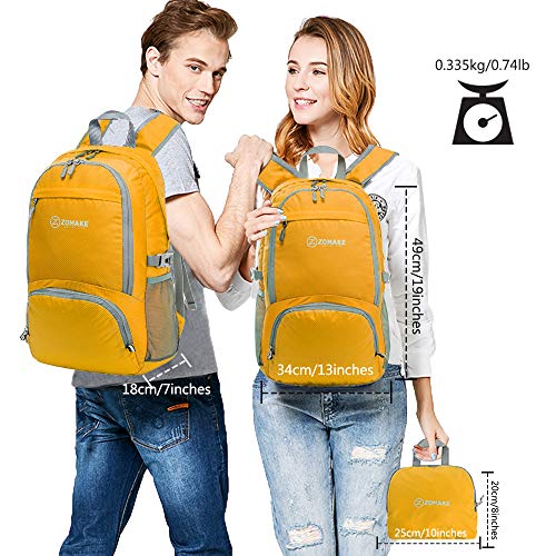 ZOMAKE 30L Ligera Mochila Plegable de Senderismo Excursión Deportes, Mochilas Pequeña Impermeable para Mujer Hombre Viaje(Amarillo)