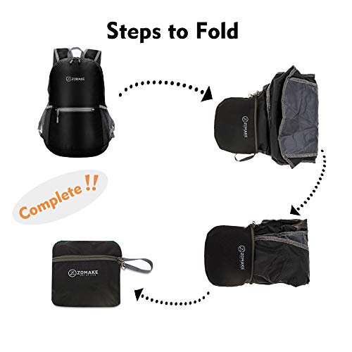 ZOMAKE Mochila Plegable Ligera 20L, Mochilas Pequeñas para Hombre Mujer, Mochilas Compacta para Viajar Senderismo(Negro)