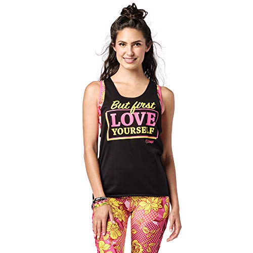 Zumba Camiseta de tirantes de danza con estampado gráfico suelto para mujer, color negro, talla 45, talla pequeña