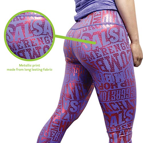 Zumba Wide Waistband Compression Dance Fitness Metallic Workout Leggings Women, Purple Pop, Large para Mujer