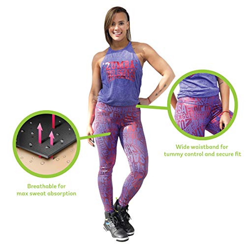 Zumba Wide Waistband Compression Dance Fitness Metallic Workout Leggings Women, Purple Pop, Large para Mujer