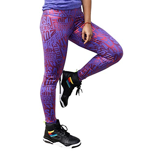 Zumba Wide Waistband Compression Dance Fitness Metallic Workout Leggings Women, Purple Pop, Large para Mujer