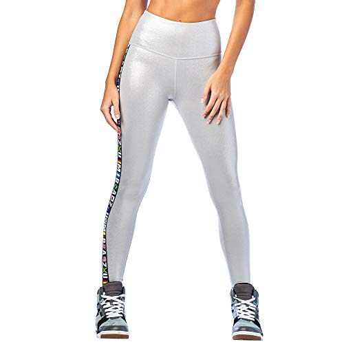 Zumba Wide Waistband Dance Fitness Compression Fit Workout Metallic Leggings For Women, Plata, XS para Mujer