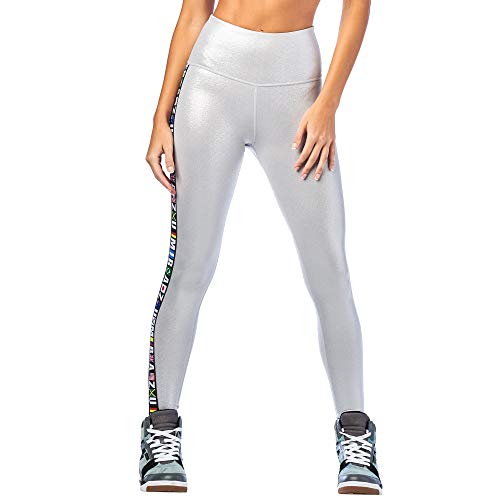 Zumba Wide Waistband Dance Fitness Compression Fit Workout Metallic Leggings For Women, Plata, XS para Mujer Zumba Wide Waistband Dance Fitness Compression Fit Workout Metallic Leggings For Women, Plata, XS para Mujer