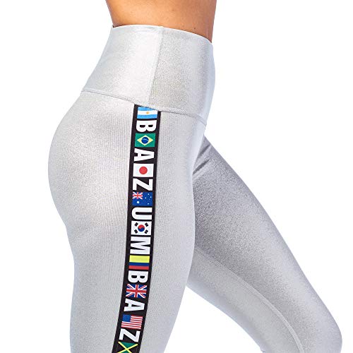 Zumba Wide Waistband Dance Fitness Compression Fit Workout Metallic Leggings For Women, Plata, XS para Mujer