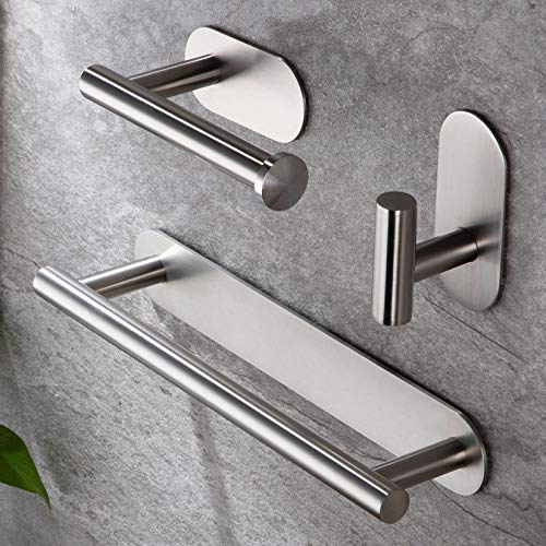 ZUNTO Toalleros de Baño Sin Taladro - 3 Piezas Juego de Accesorios baño 30cm Toallero Barra + Portarrollos para Papel Higiénico + Gancho Adhesivo para Pared, Acero Inoxidable