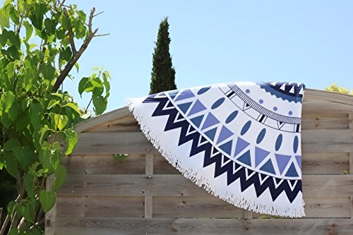 ZUOAO Toalla de Playa Redondo Microfibra Tapiz de Pared Indian Mandala, Manta Multi-funcional para Yoga/Gimnasio/Baño/Picnic/Decoración/Viaje, Blanco y Azul