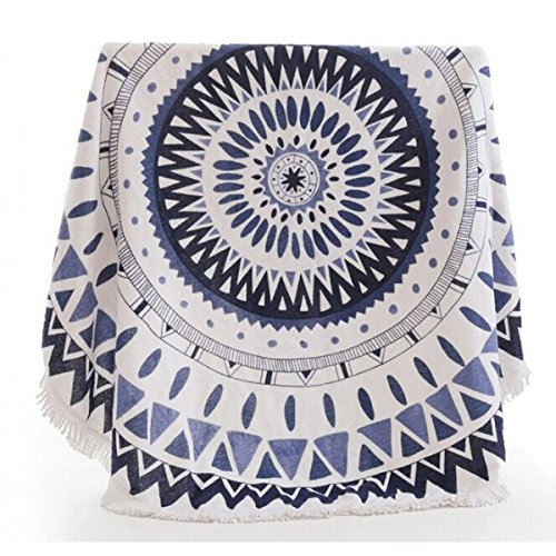 ZUOAO Toalla de Playa Redondo Microfibra Tapiz de Pared Indian Mandala, Manta Multi-funcional para Yoga/Gimnasio/Baño/Picnic/Decoración/Viaje, Blanco y Azul