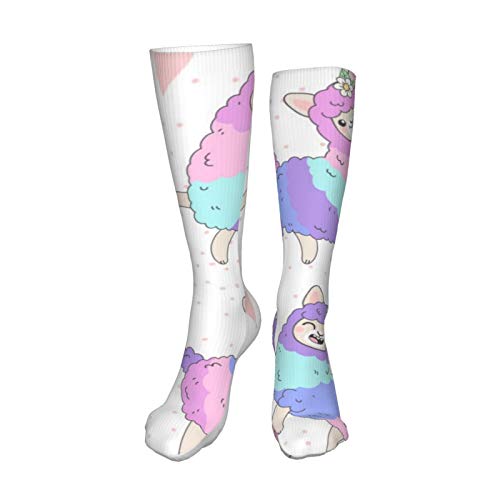 ZVEZVI Cute Pink Colorful Llama 19,8 pulgadas Calcetines de compresión Botas altas Medias Manguera larga para caminar Yoga para mujeres Hombre